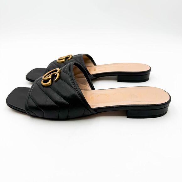 Gucci GG Marmont Quilted Chevron Black Leather Sandals Mules Flats - Picture 6 of 14
